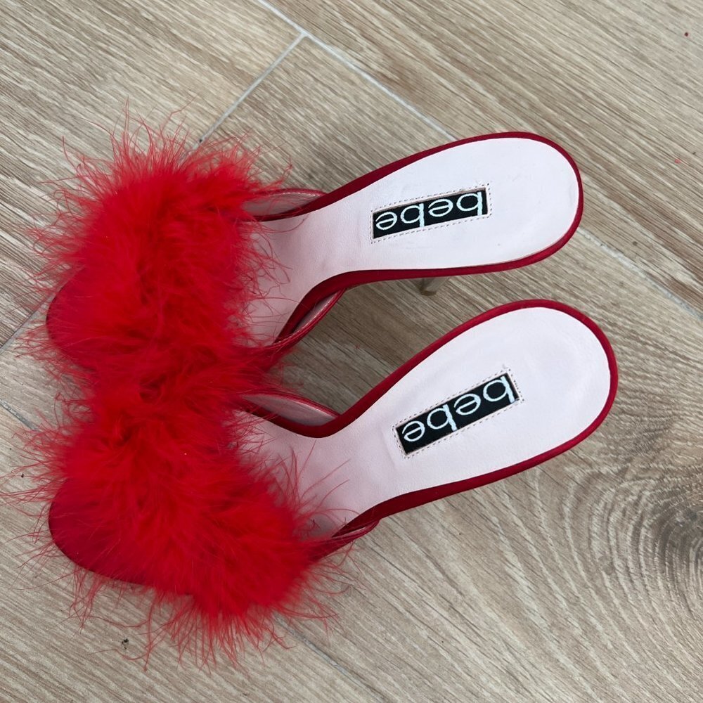 Vintage 1990's/Y2K Bebe Red Feather Heeled Mules - Picture 5 of 8